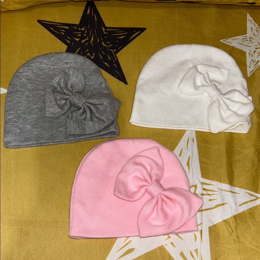 Cozy Kids Bow Beanie Set - Gray, White, Pink